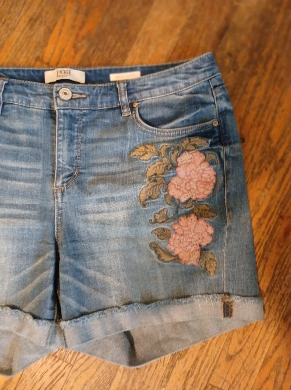 Floral Embroidered Blue Denim Cuffed Shorts